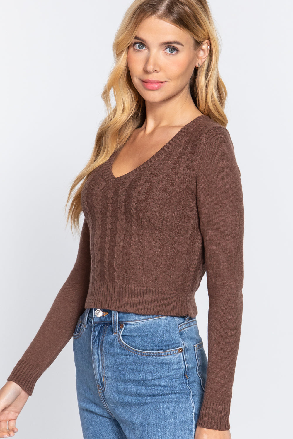Long Sleeve V-neck Cable Sweater Smile Sparker