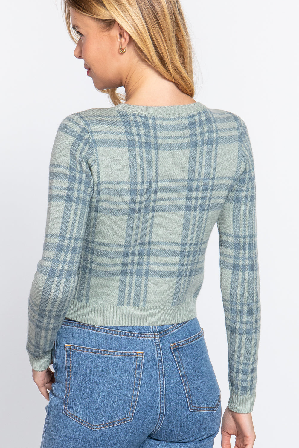 Long Sleeve V-neck Fitted Button Down Plaid Sweater Cardigan Smile Sparker