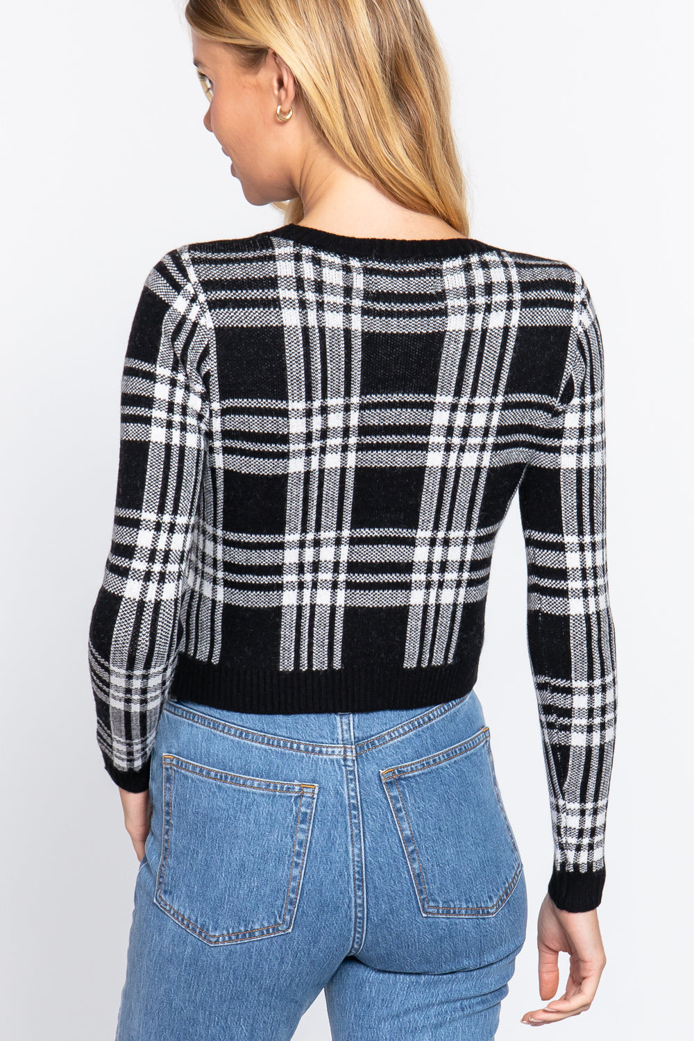 Long Sleeve V-neck Fitted Button Down Plaid Sweater Cardigan Smile Sparker