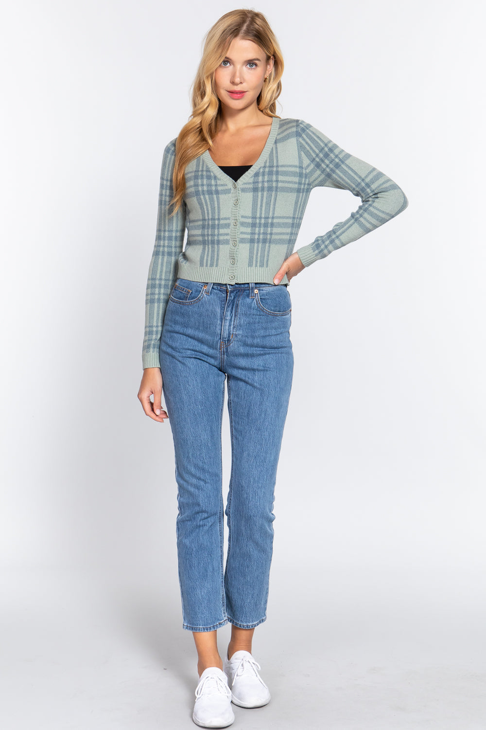 Long Sleeve V-neck Fitted Button Down Plaid Sweater Cardigan Smile Sparker