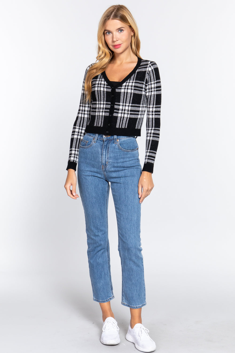 Long Sleeve V-neck Fitted Button Down Plaid Sweater Cardigan Smile Sparker
