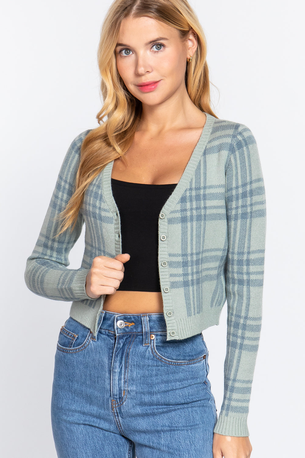 Long Sleeve V-neck Fitted Button Down Plaid Sweater Cardigan Smile Sparker