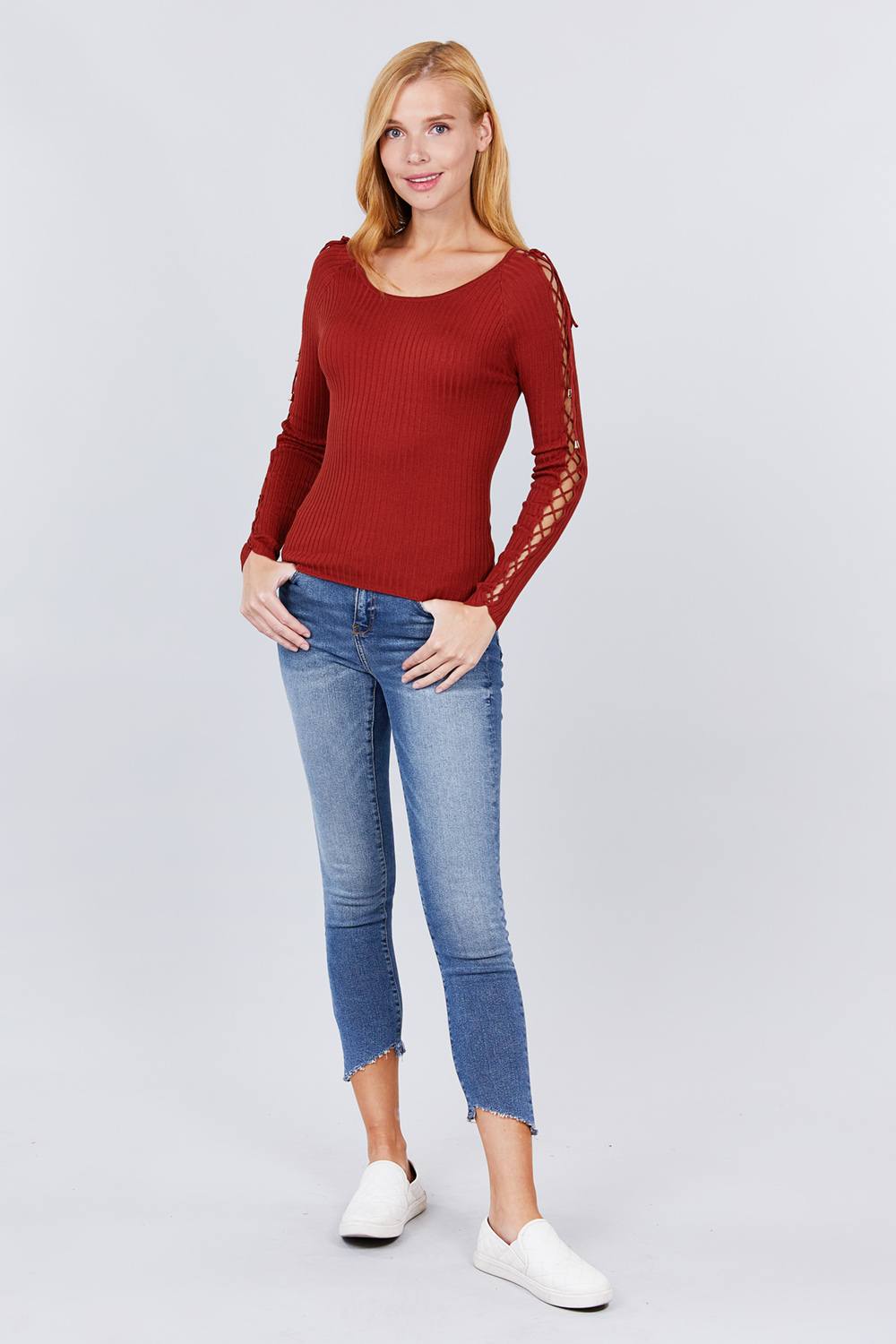 Long Sleeve W/strappy Detail Round Neck Rib Sweater Top Smile Sparker