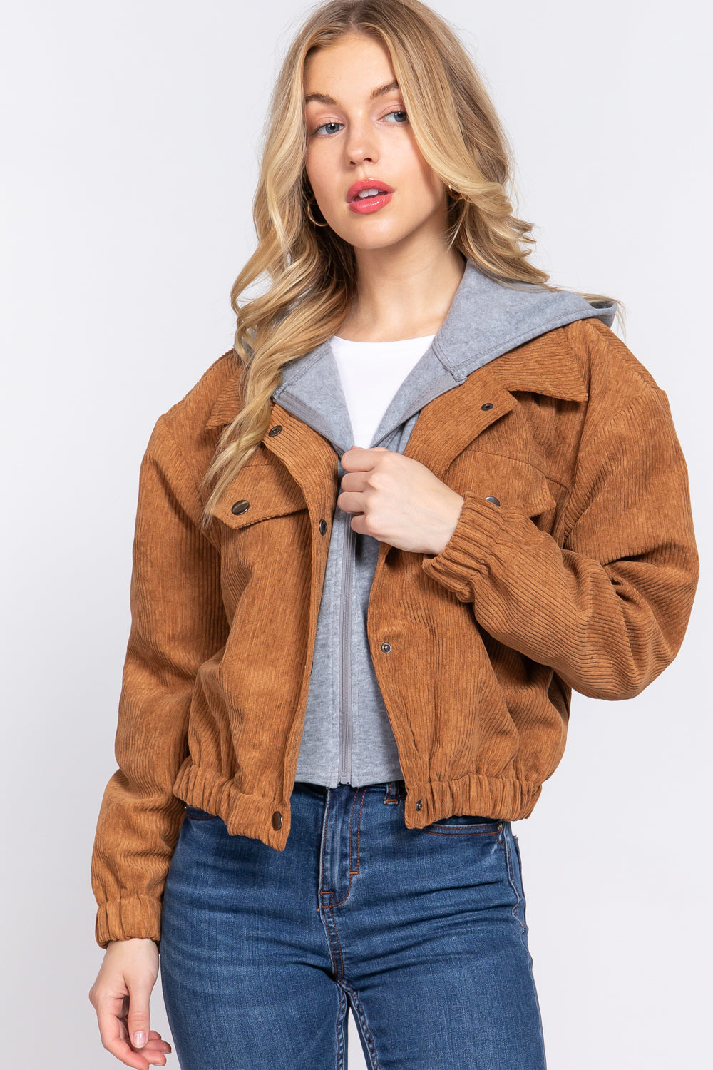 Long Slv Hoodie Corduroy Jacket - JACKETS & OUTWEAR - Brown