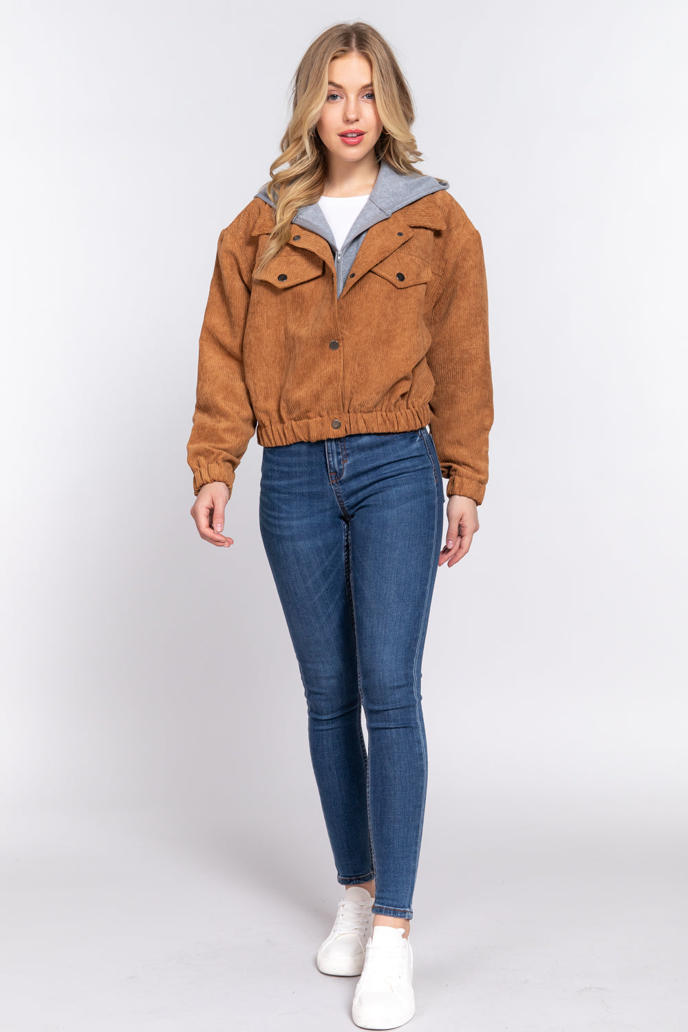 Long Slv Hoodie Corduroy Jacket - JACKETS & OUTWEAR - Brown