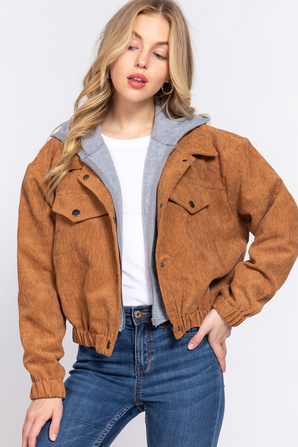 Long Slv Hoodie Corduroy Jacket - JACKETS & OUTWEAR - Brown
