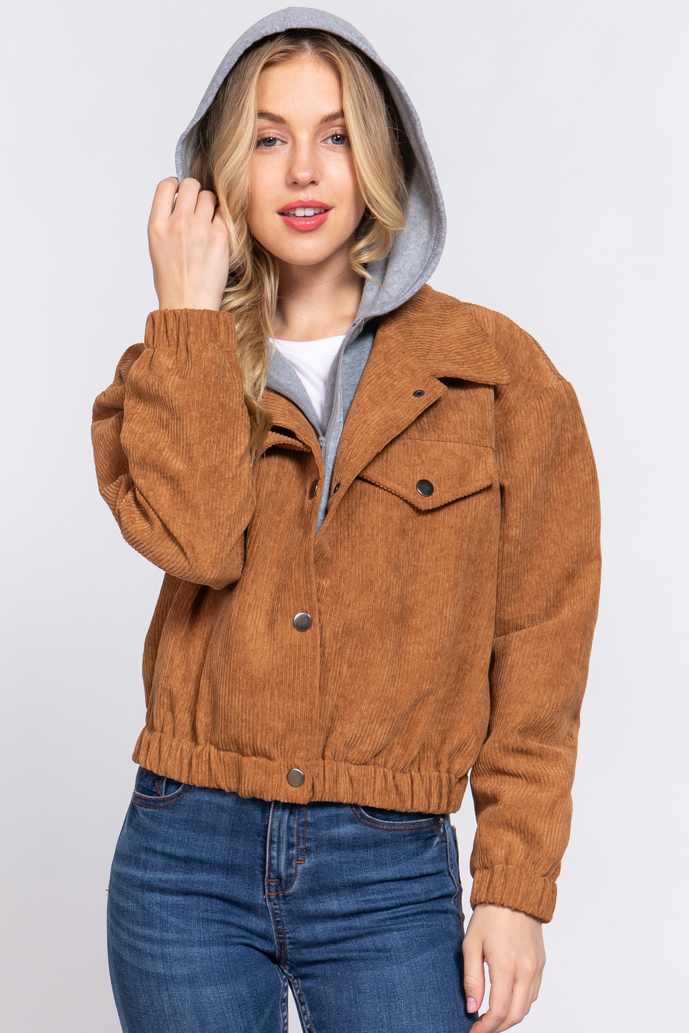 Long Slv Hoodie Corduroy Jacket - JACKETS & OUTWEAR - Brown