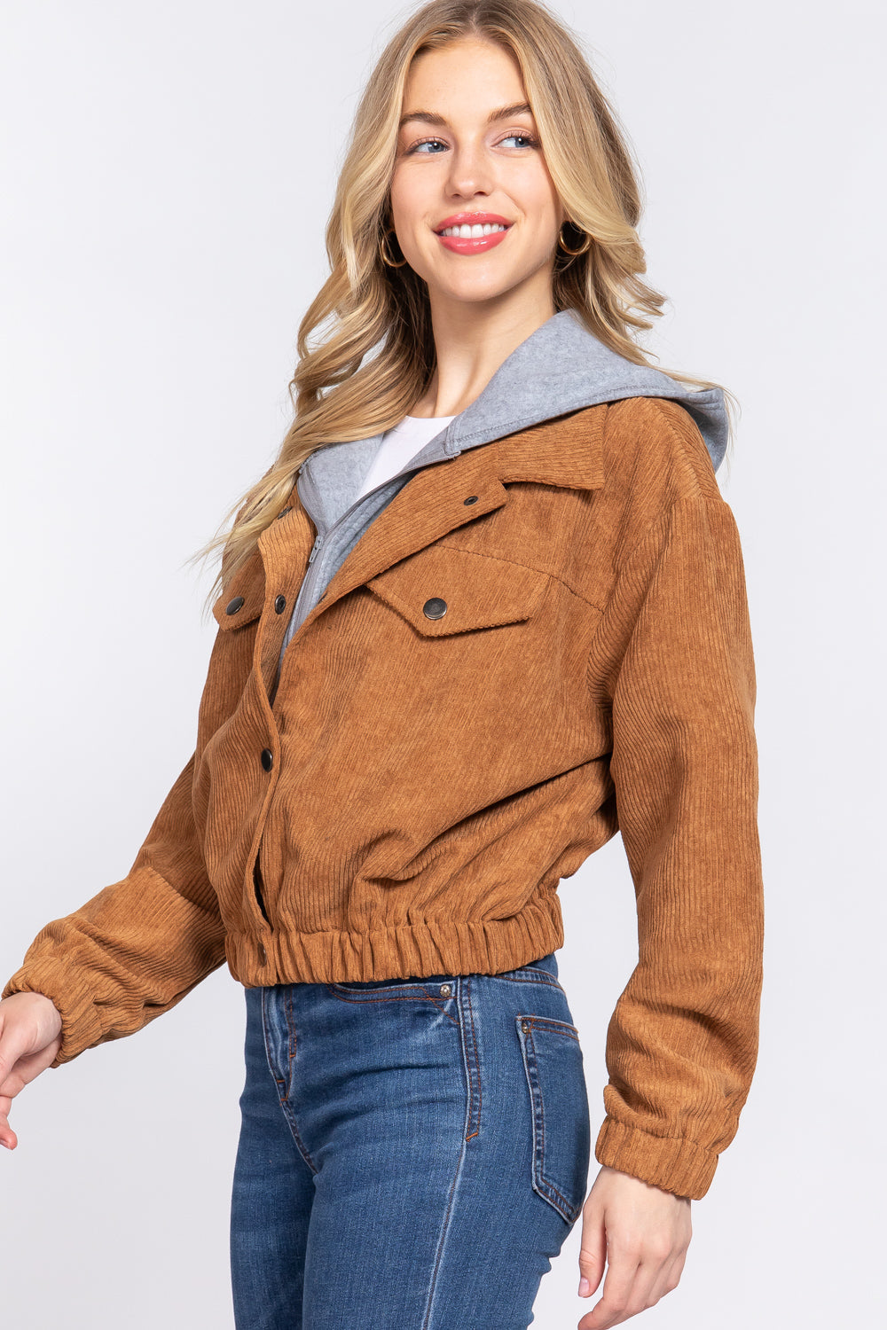 Long Slv Hoodie Corduroy Jacket - JACKETS & OUTWEAR - Brown