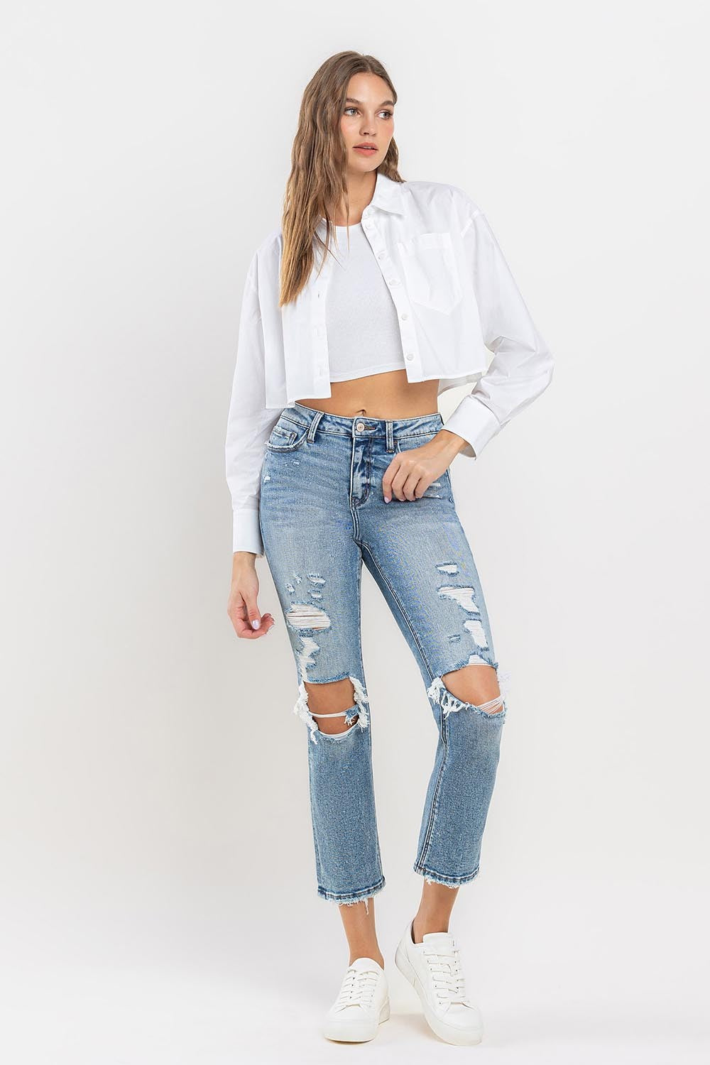Lovervet Full Size High Rise Slim Straight Jeans - JEANS - Medium Denim