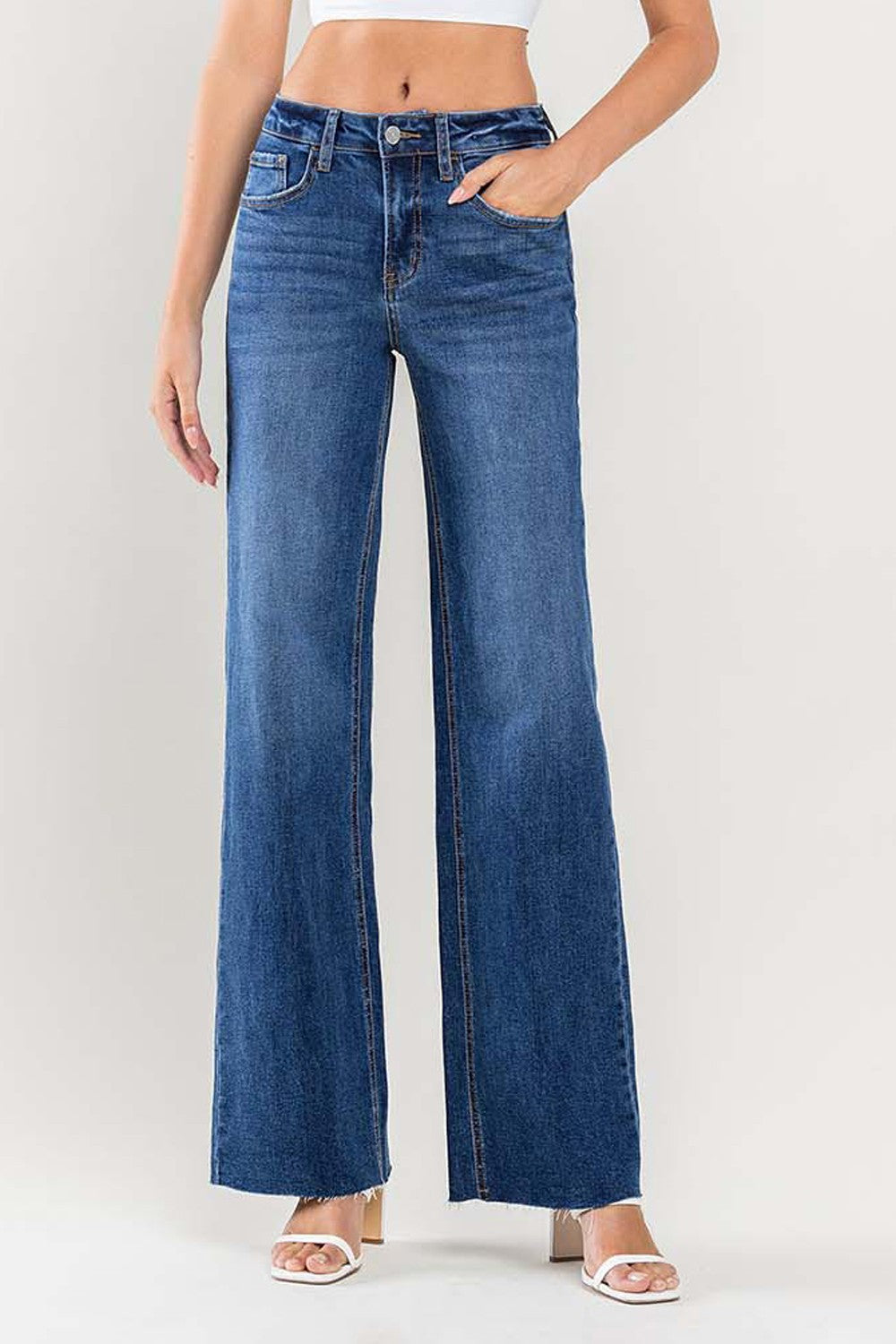 Lovervet High Rise Clean Cut Raw Hem Wide Jeans - JEANS - dark