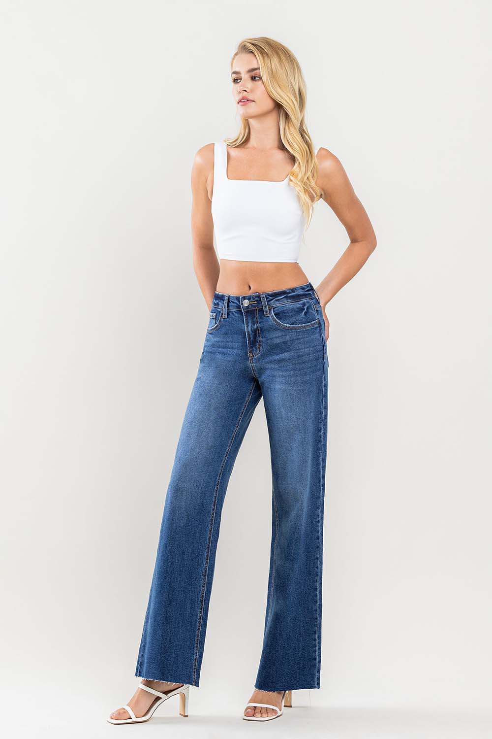Lovervet High Rise Clean Cut Raw Hem Wide Jeans - JEANS - dark