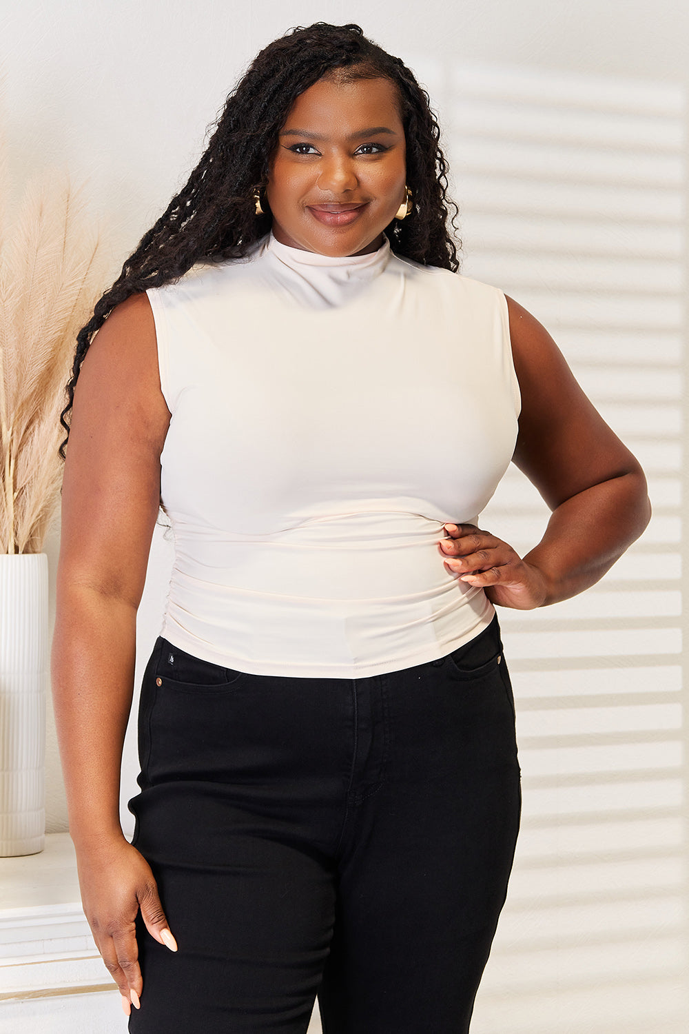 Mock Neck Ruched Cropped Tank - TOPS - Ivory