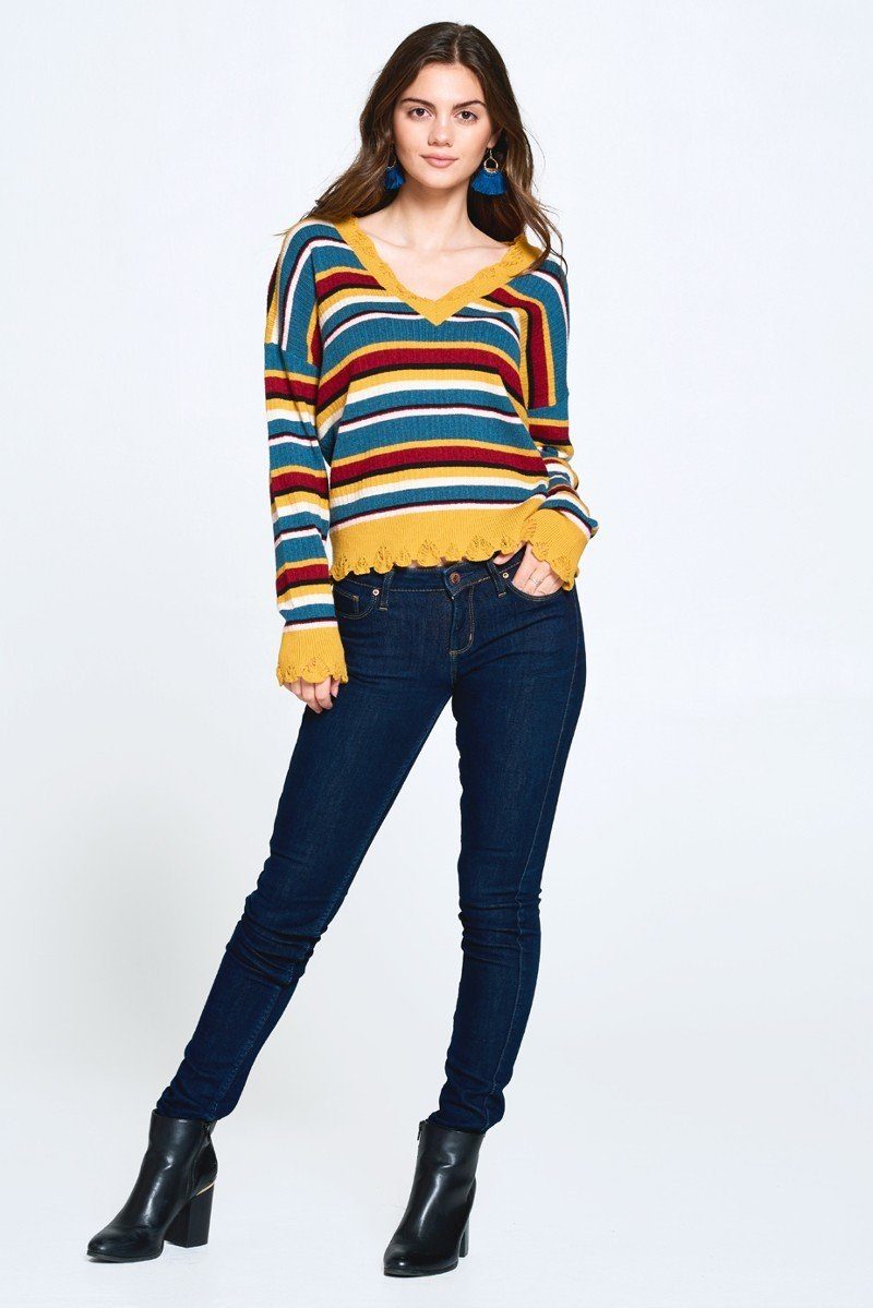 Multi-colored Variegated Striped Knit Sweater Smile Sparker
