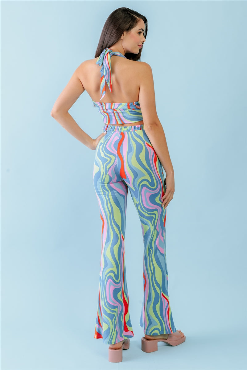 Multicolor Abstract Print Halter V-neck Ruched Open Back Crop Top & High Waist Pants Set Smile Sparker