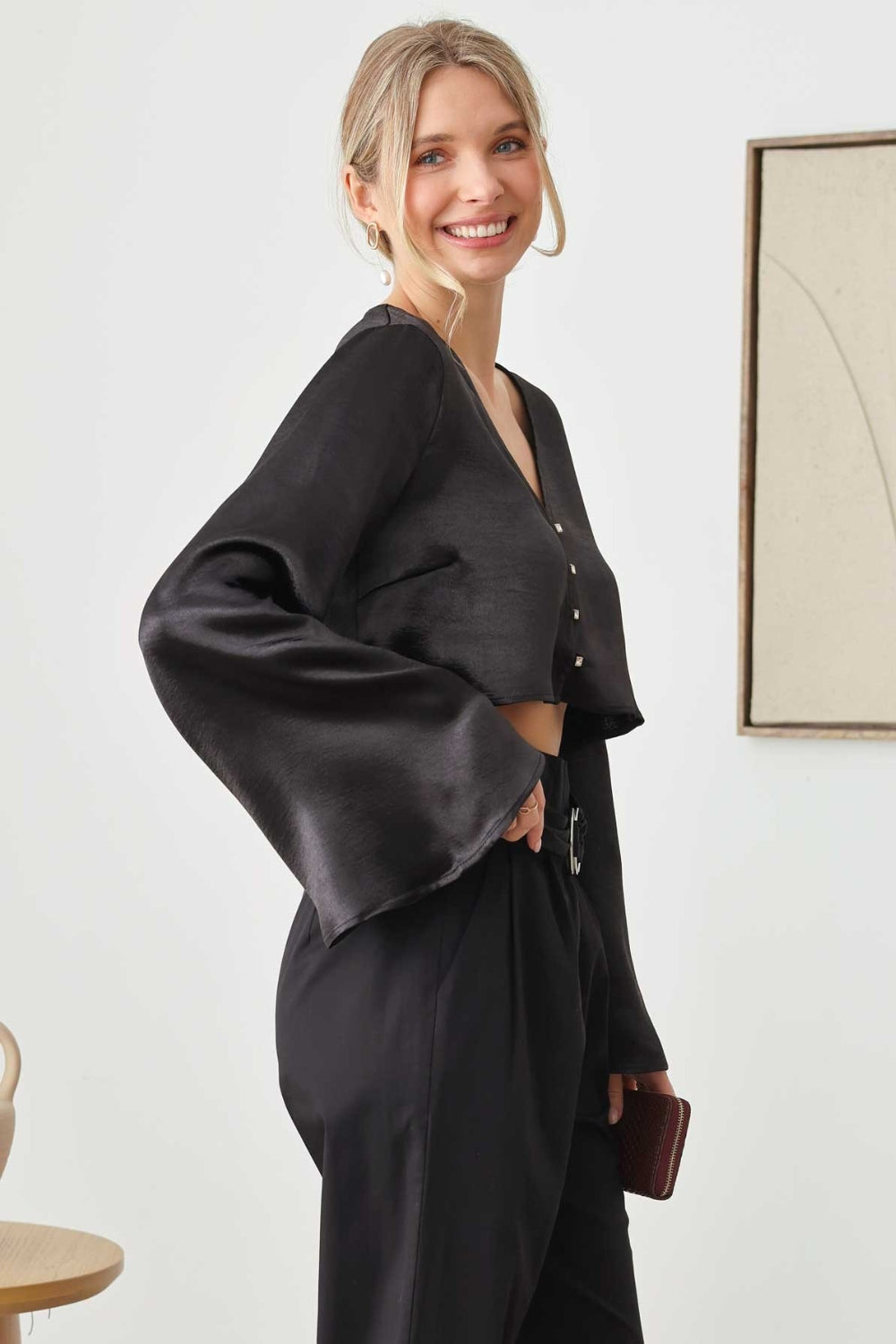 Mustard Seed Satin Rhinestone Buttons Closure Crop Top - TOPS - Black