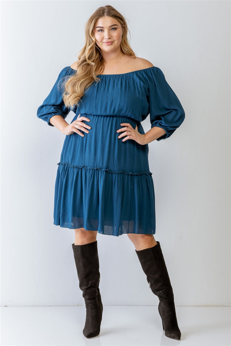 Plus Combo Printed Textured Ruffle Flare Hem Mini Dress Smile Sparker