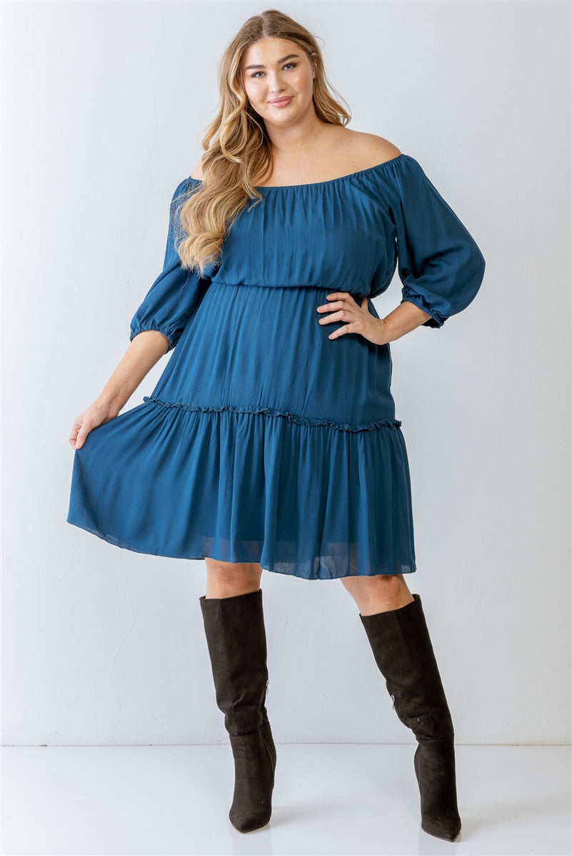 Plus Combo Printed Textured Ruffle Flare Hem Mini Dress Smile Sparker