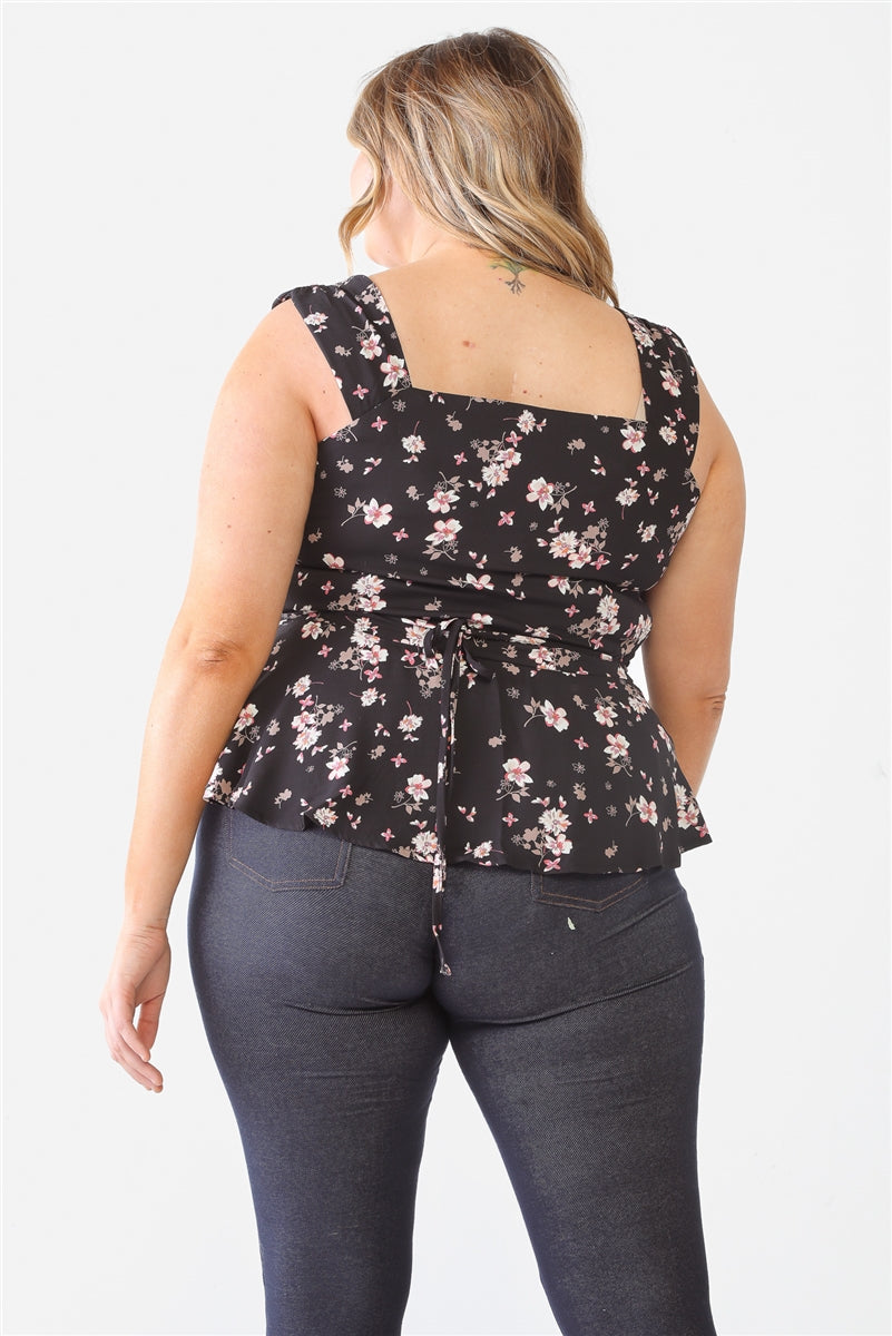 Plus Floral Button-up Sleeveless Flare Hem Top Smile Sparker