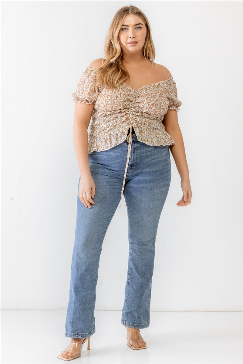 Plus Floral Chiffon Ruched Smocked Off-the-shoulder Top Smile Sparker