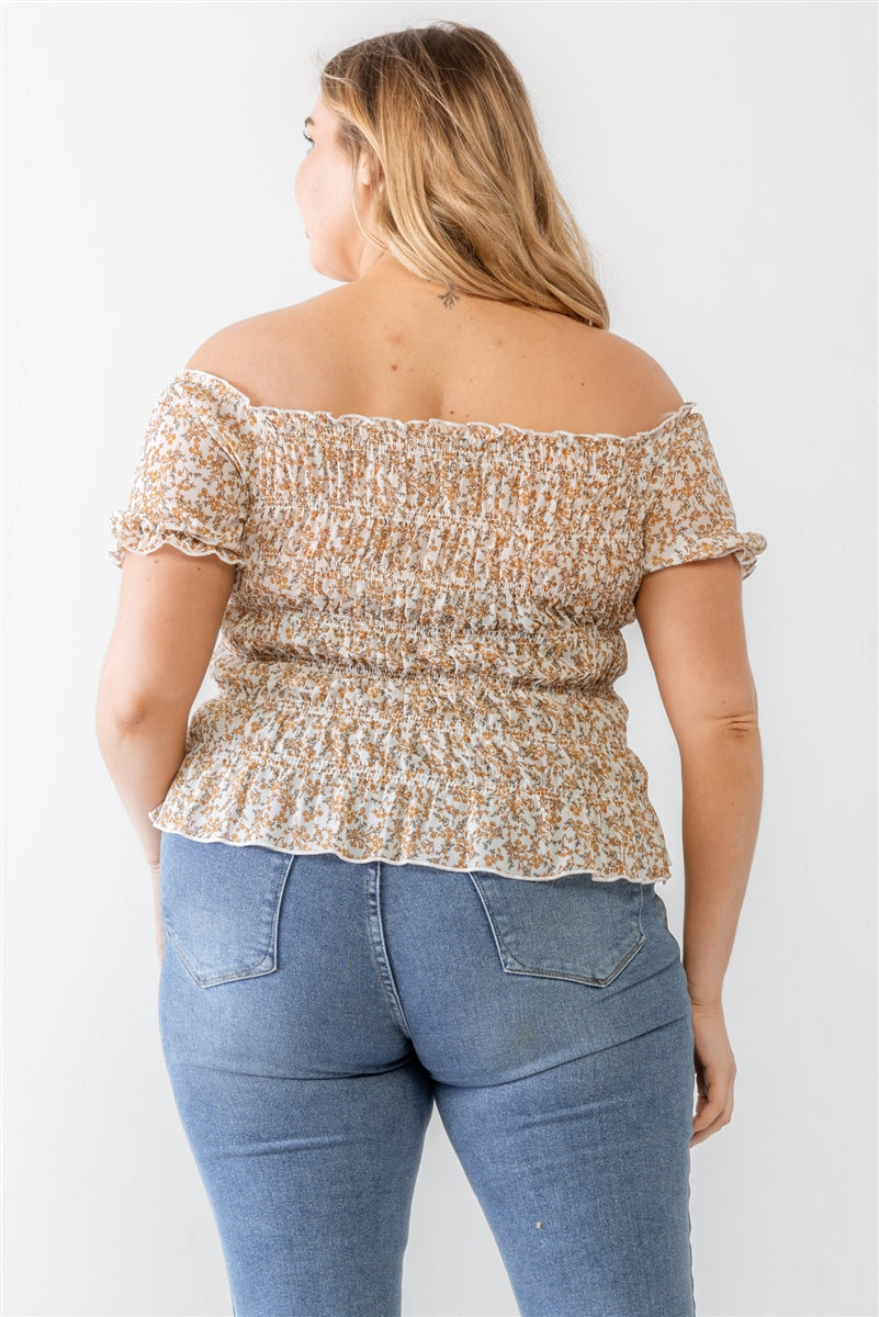 Plus Floral Chiffon Ruched Smocked Off-the-shoulder Top Smile Sparker