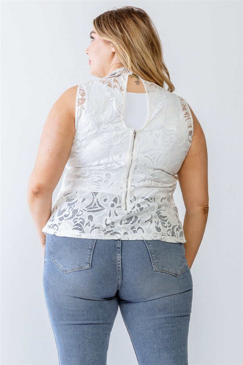 Plus Lace Mesh Ruffle Detail Sleeveless Flare Hem Top Smile Sparker