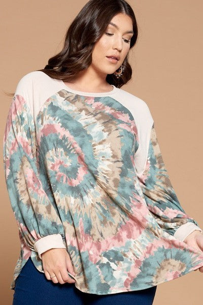 Plus Size Tie Dye French Terry Print Balloon Sleeve Top Smile Sparker
