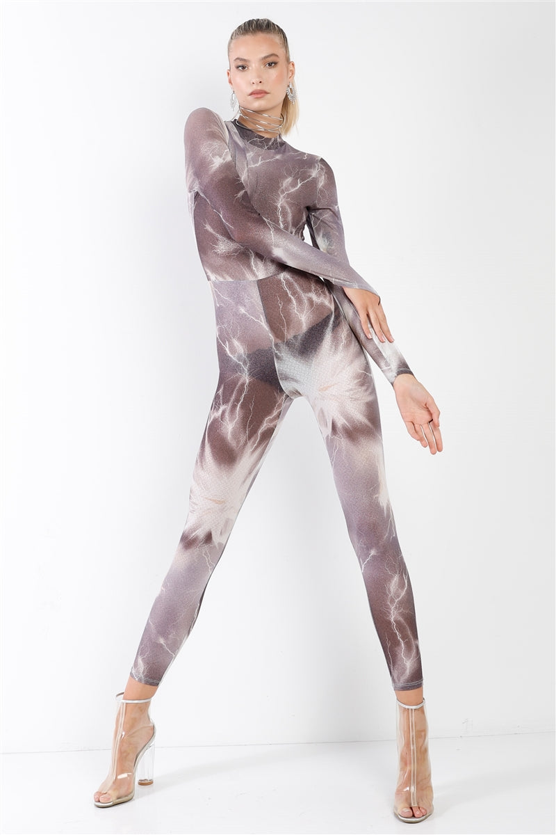 Purple-grey Lightning Print Mock Neck Long Sleeve With Finger Loop Fitted Catsuit /jumpsuit Smile Sparker