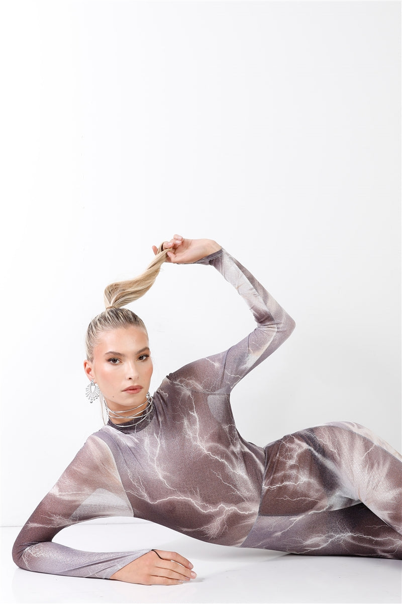 Purple-grey Lightning Print Mock Neck Long Sleeve With Finger Loop Fitted Catsuit /jumpsuit Smile Sparker