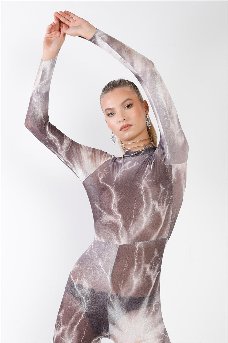 Purple-grey Lightning Print Mock Neck Long Sleeve With Finger Loop Fitted Catsuit /jumpsuit Smile Sparker