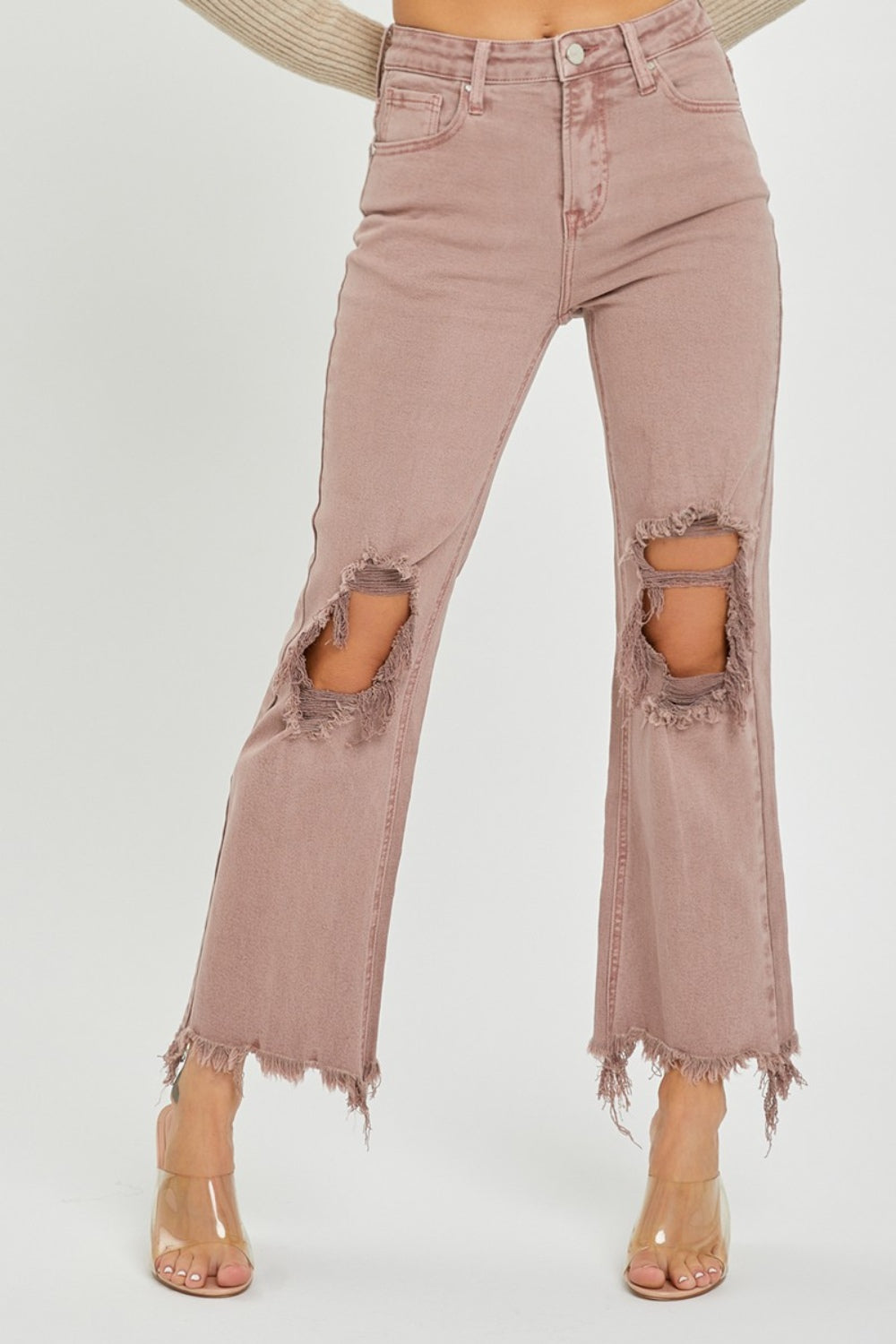 RISEN Distressed Ankle Bootcut Jeans - JEANS - Mauve