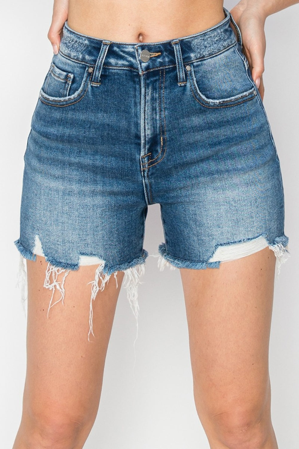 RISEN High Rise Raw Hem Distressed Denim Shorts - JEANS - Dark Blue