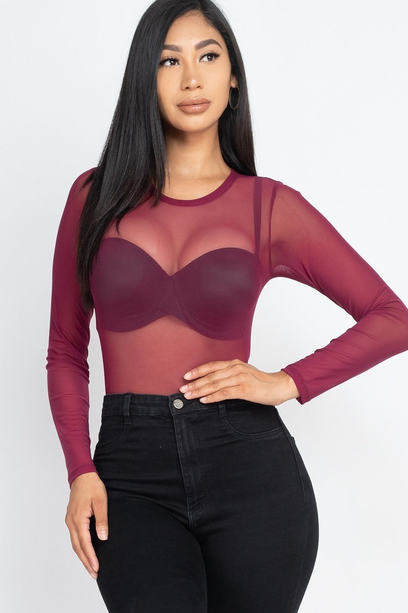 Sexy Sheer Mesh Long Sleeve Bodysuit Smile Sparker