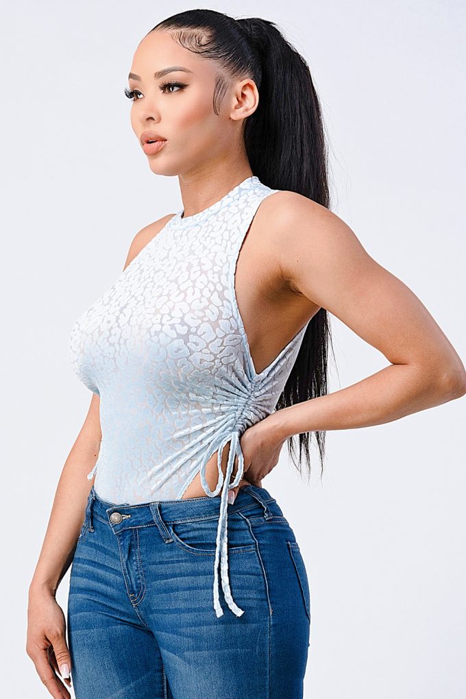 Velvet Leopard Side Shirring Extreme Cut Bodysuit Smile Sparker