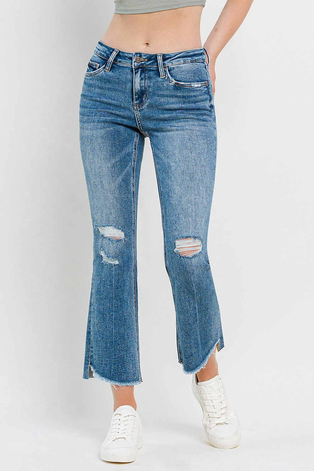 Vervet by Flying Monkey Full Size Mid Rise Distressed Cropped Flare Jeans - JEANS - Medium Denim