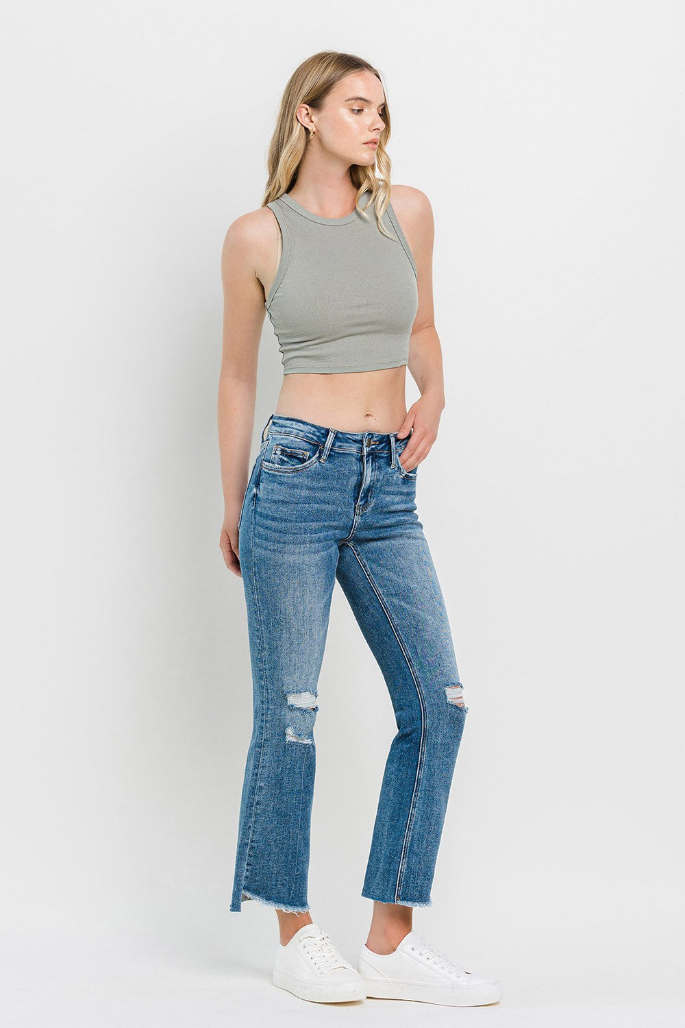 Vervet by Flying Monkey Full Size Mid Rise Distressed Cropped Flare Jeans - JEANS - Medium Denim
