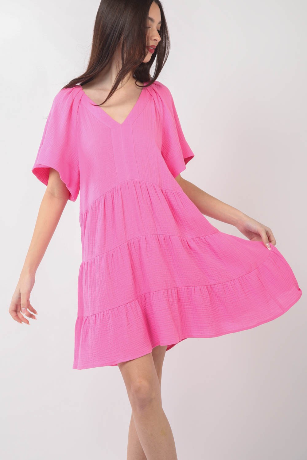 VERY J Texture V-Neck Ruffled Tiered Dress - DRESSES - Pink
