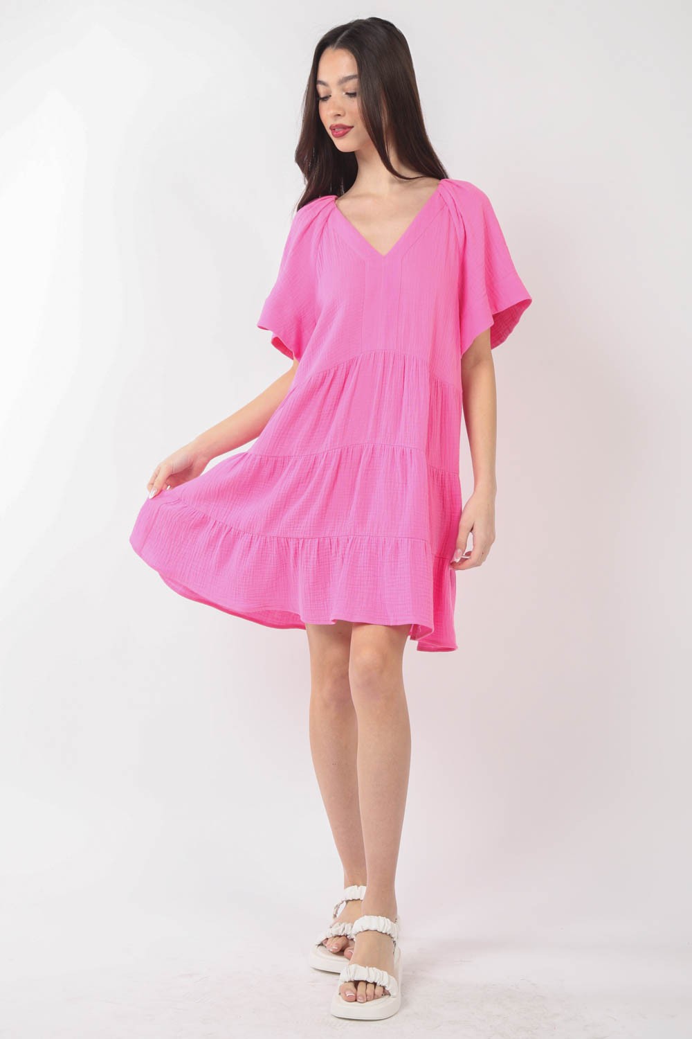 VERY J Texture V-Neck Ruffled Tiered Dress - DRESSES - Pink