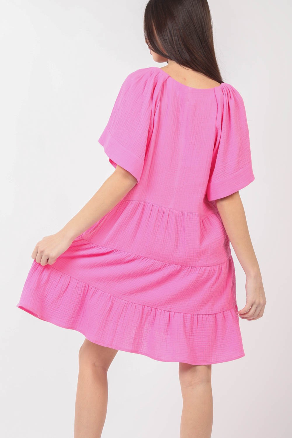 VERY J Texture V-Neck Ruffled Tiered Dress - DRESSES - Pink