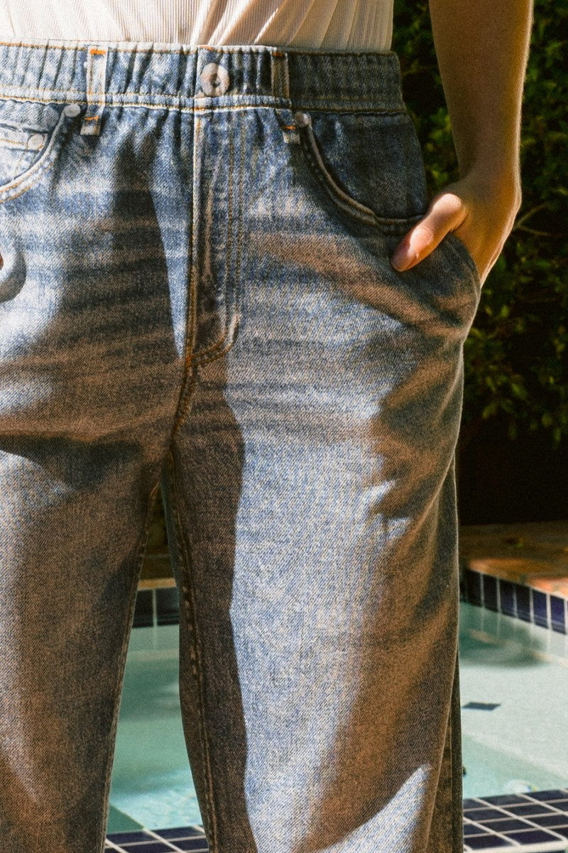 Waist Elastic High-rise, Straight Fake Denim Print Pants Smile Sparker