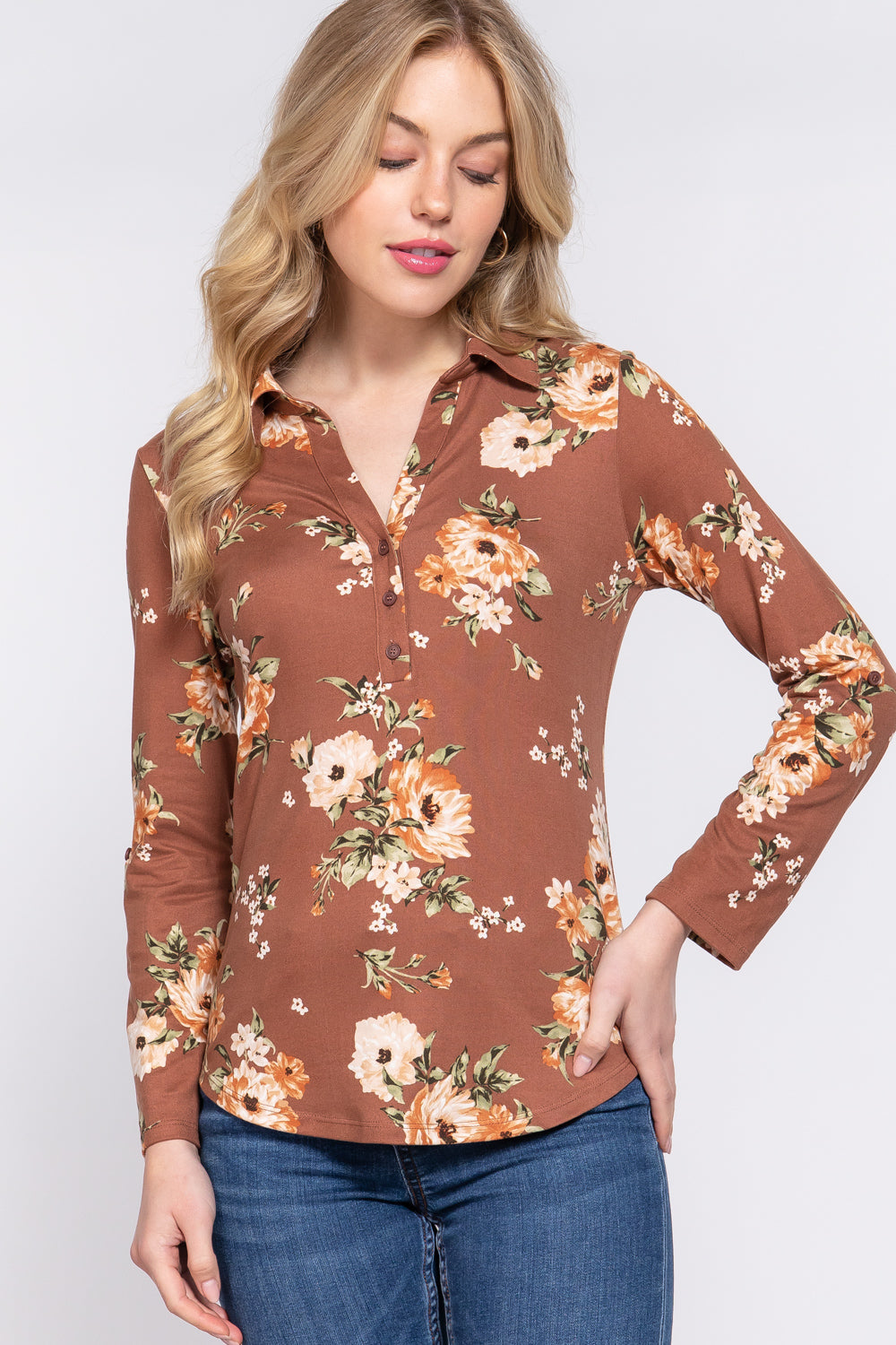 3/4 Roll Up Slv Notched Print Knit Top Smile Sparker