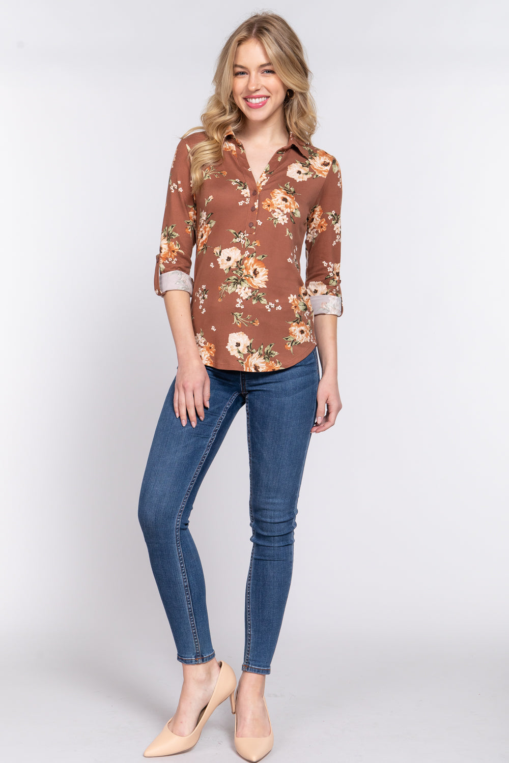3/4 Roll Up Slv Notched Print Knit Top Smile Sparker