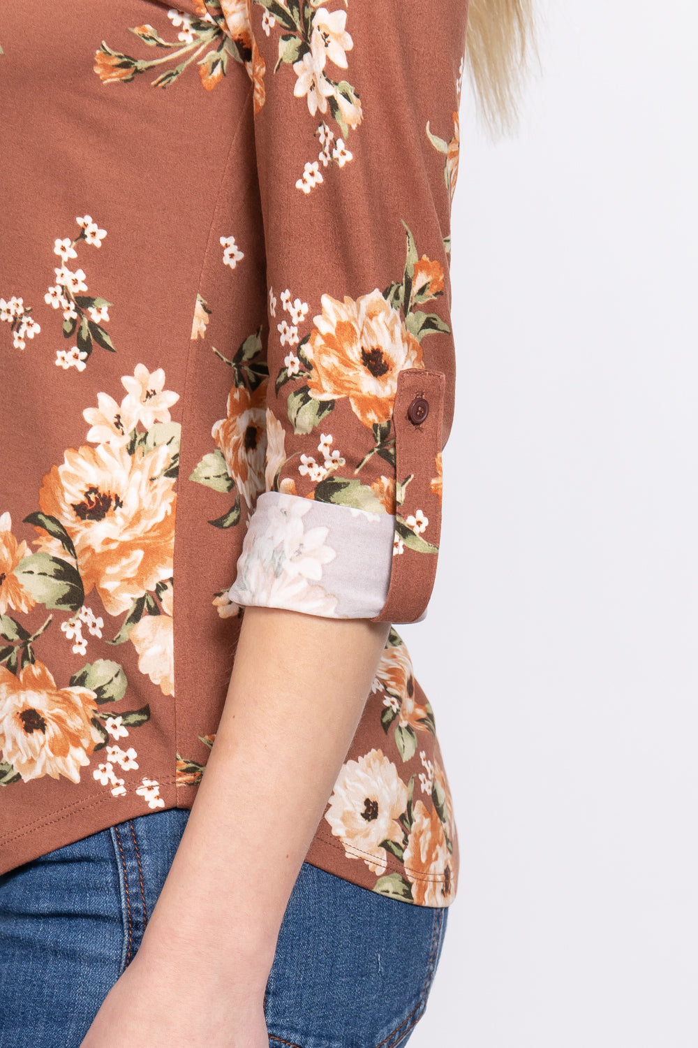 3/4 Roll Up Slv Notched Print Knit Top Smile Sparker