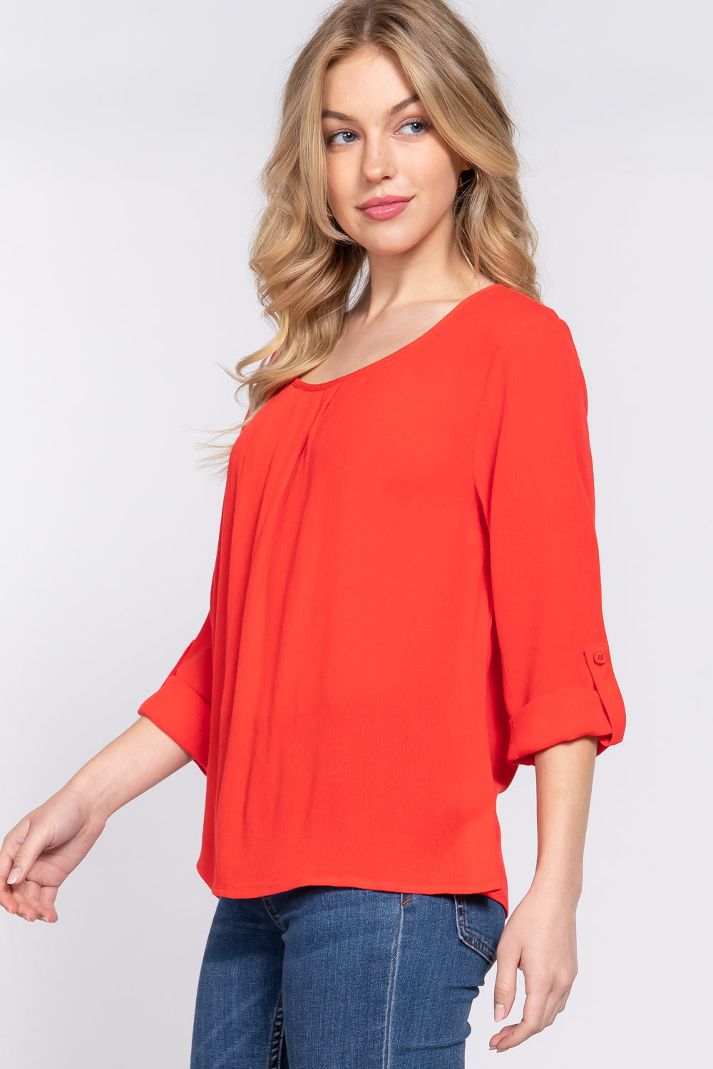 3/4 Roll Up Slv Pleated Blouse Smile Sparker
