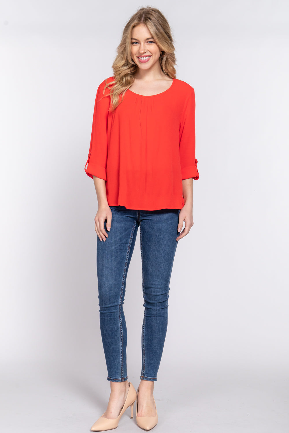 3/4 Roll Up Slv Pleated Blouse Smile Sparker