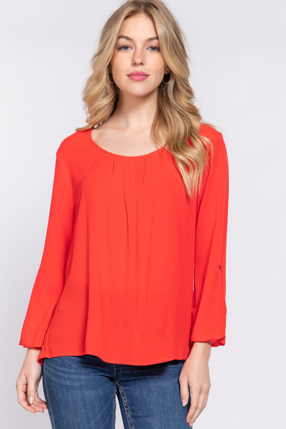 3/4 Roll Up Slv Pleated Blouse Smile Sparker