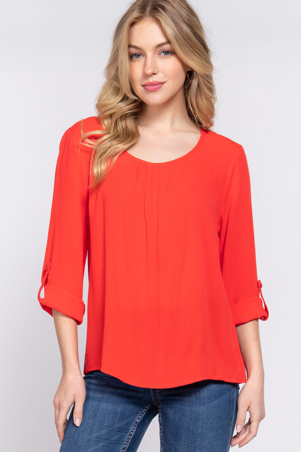 3/4 Roll Up Slv Pleated Blouse Smile Sparker