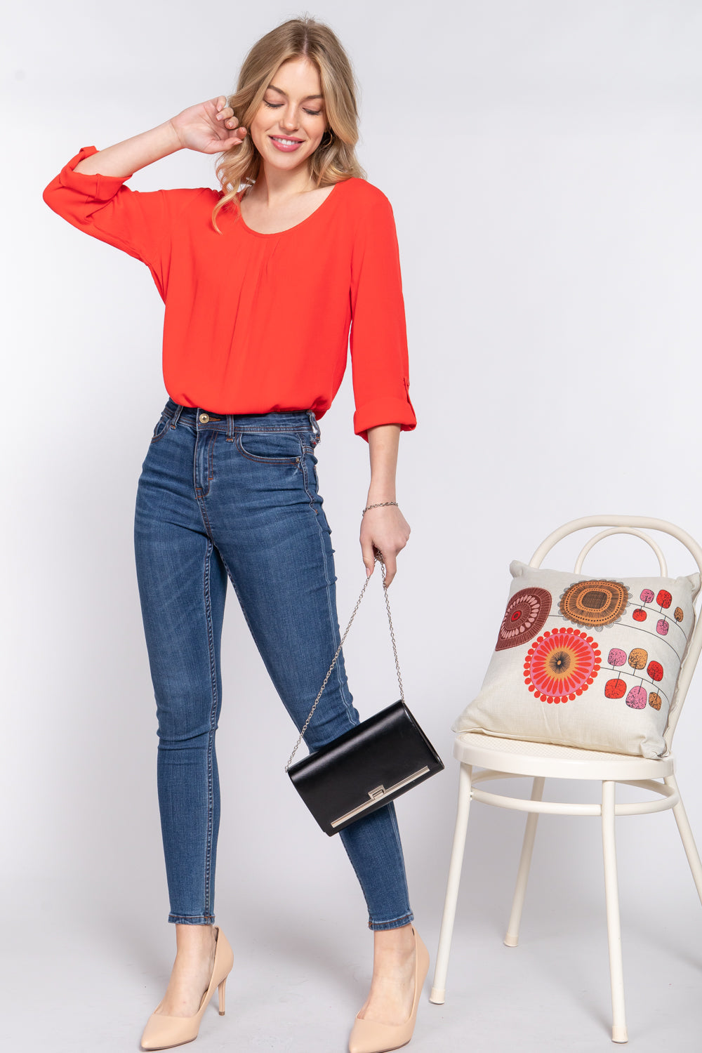 3/4 Roll Up Slv Pleated Blouse Smile Sparker