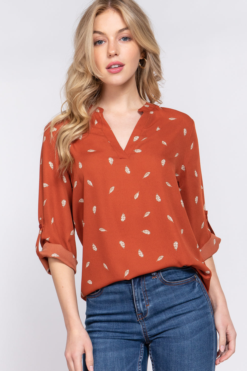 3/4 Roll Up Slv V-neck Print Blouse Smile Sparker