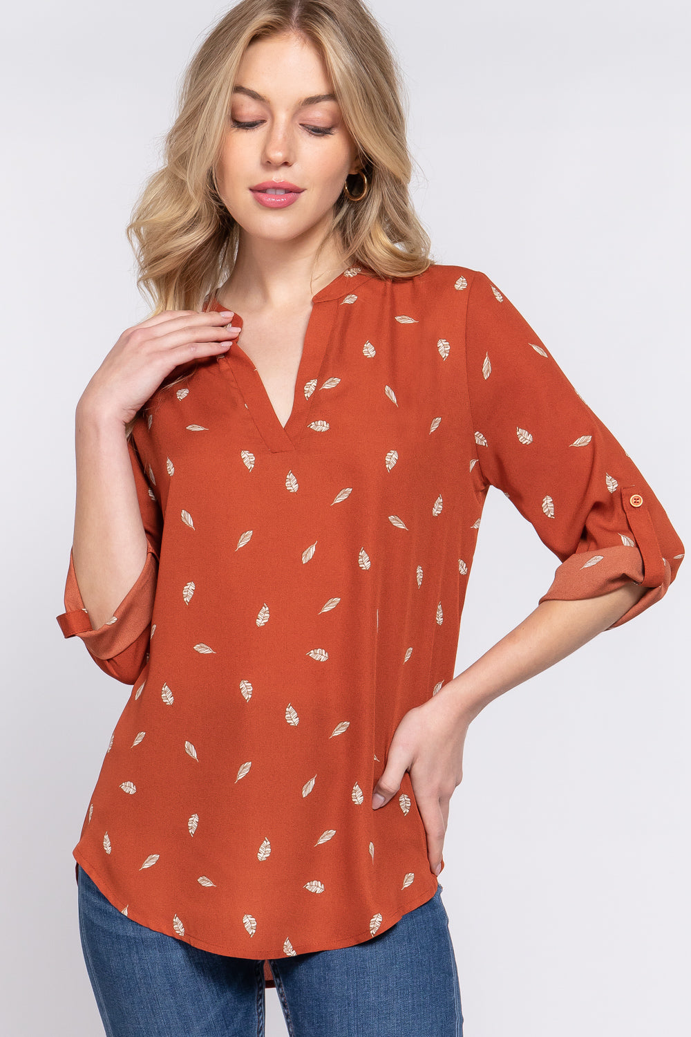 3/4 Roll Up Slv V-neck Print Blouse Smile Sparker