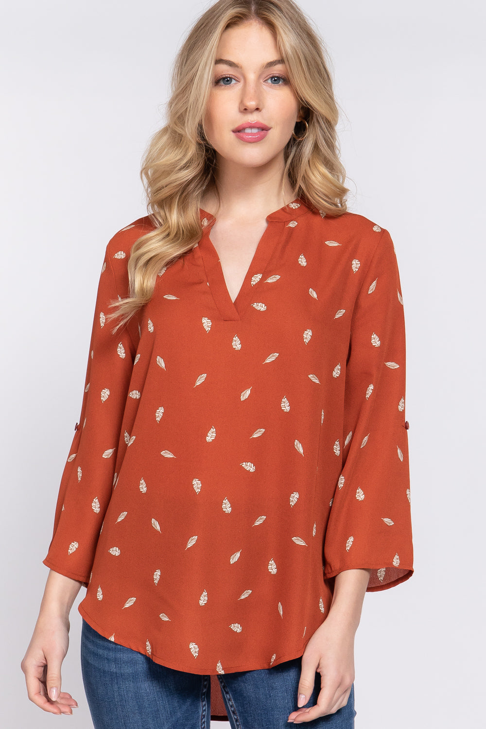 3/4 Roll Up Slv V-neck Print Blouse Smile Sparker